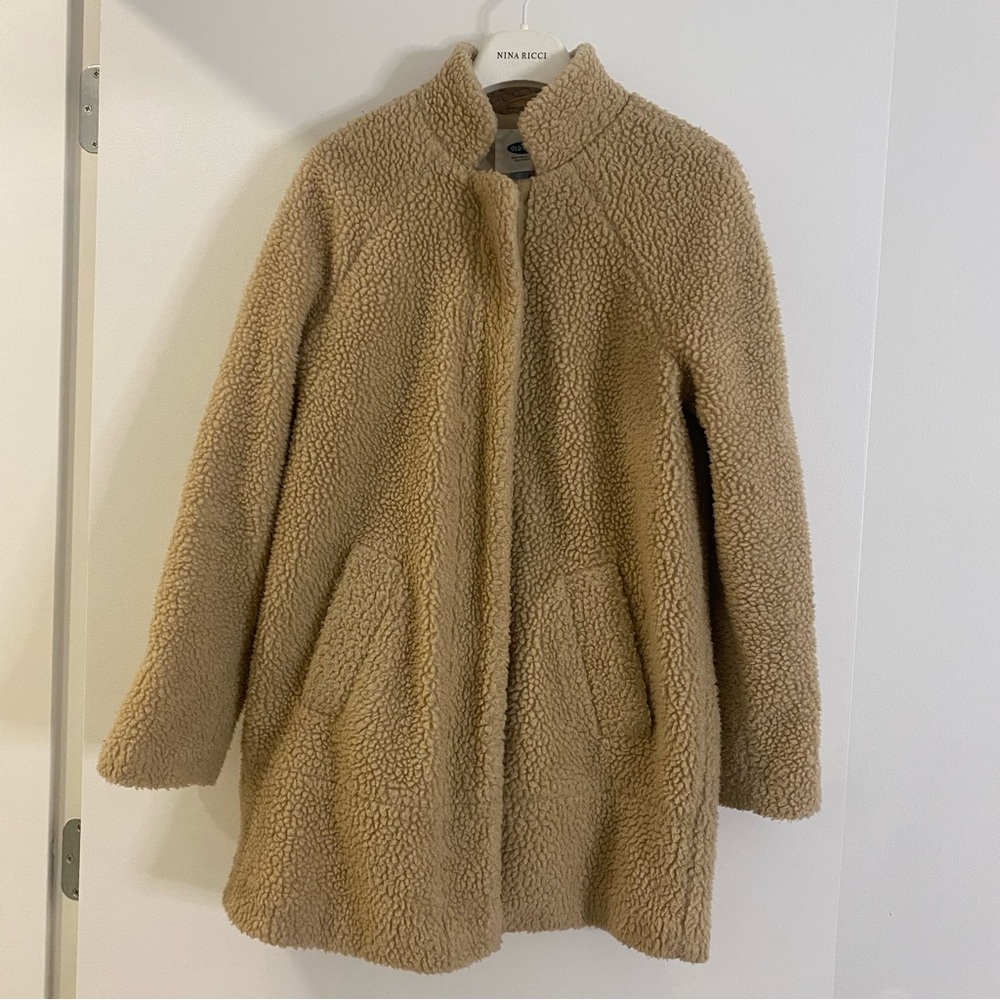 cream mid length teddy bear sherpa coat